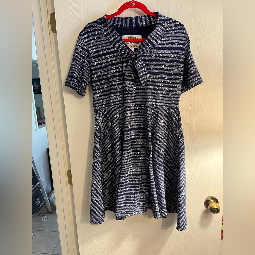 XL Effie’s Heart Navy Demoiselles Dress with short sleeves in sheet music print